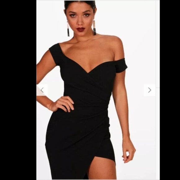 D1. NWT BOOHOO OFF THE SHOULDER WRAP DETAIL MIDI DRESS Size 4 - Picture 2 of 6